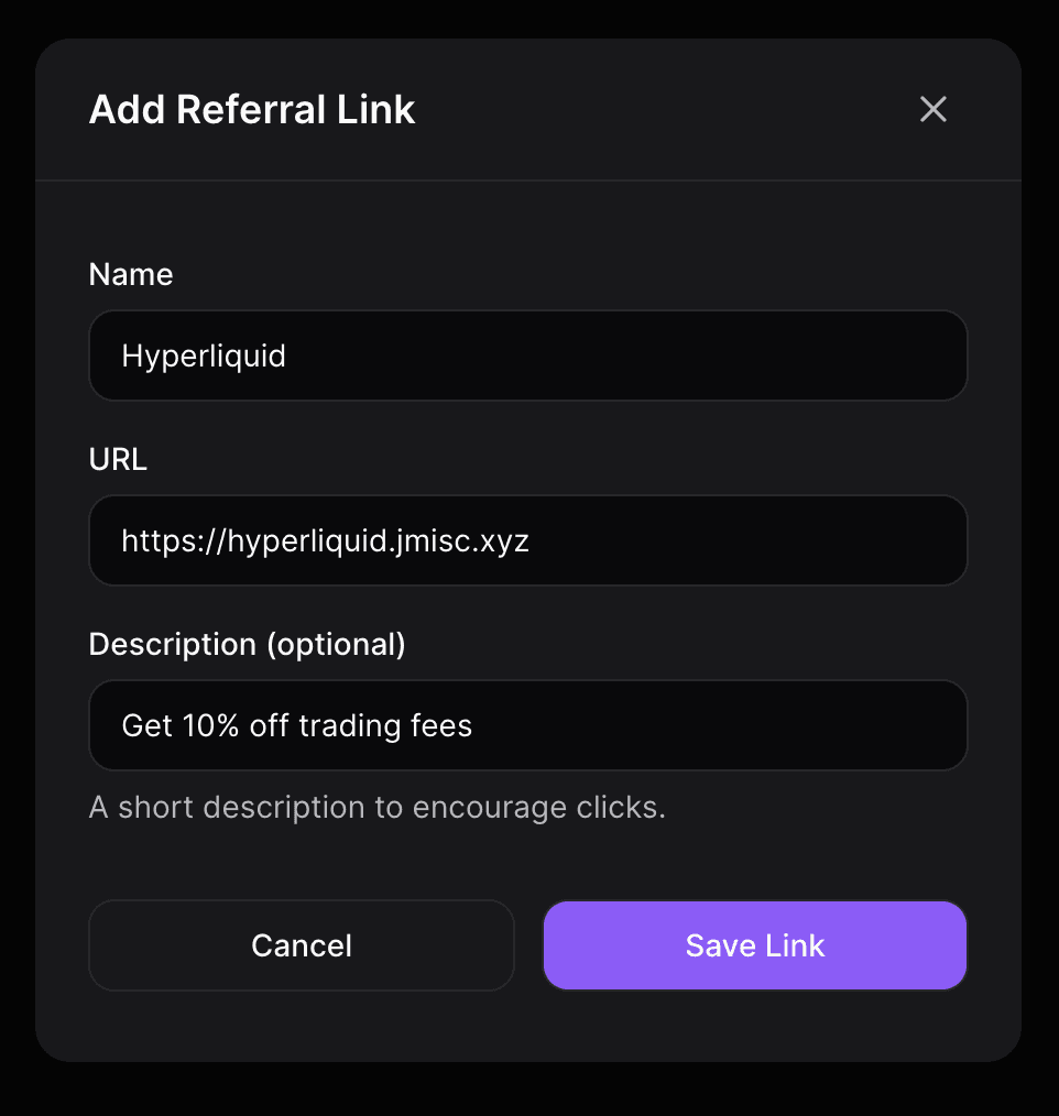 Screenshot of GIB referral links dashboard