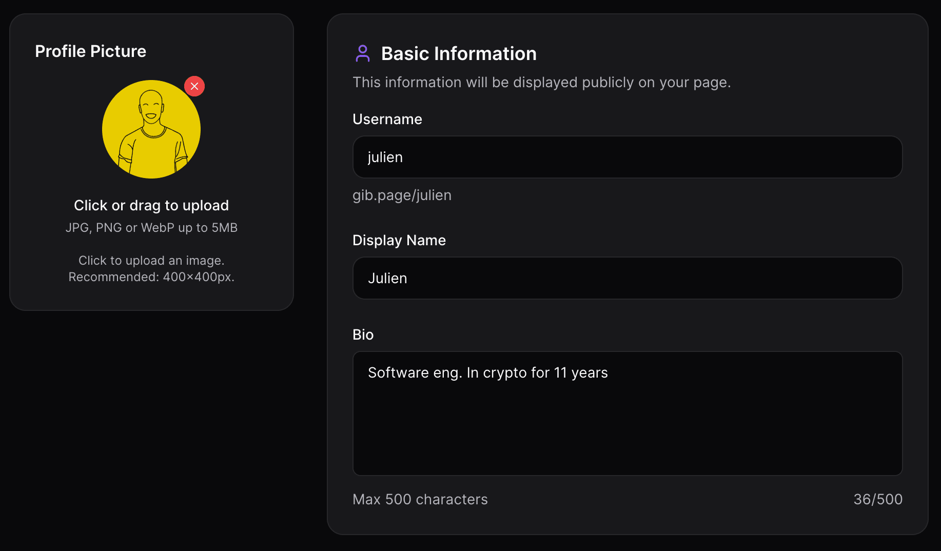 Screenshot of profile settings